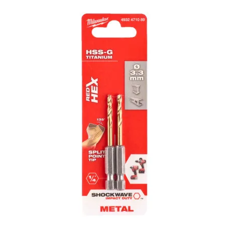 Сверло по металлу MILWAUKEE RedHEX SHOCKWAVE™ HSS-TiN, Ø3,3х67х24мм, (2 шт.) (4932471089)