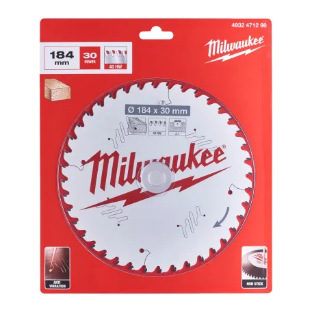 Диск пильный по дереву PFTE THIN KERF MILWAUKEE, Ø184х30х2, 1мм, 40 зуб. (4932471298)