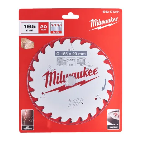 Диск пильный по дереву PFTE MILWAUKEE, Ø165х20х2,2мм, 24 зуб. (4932471294)