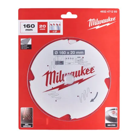 Диск пильный по фиброцементу PFTE MILWAUKEE, Ø160х20х2, 2мм, 4 зуб. (4932471293)