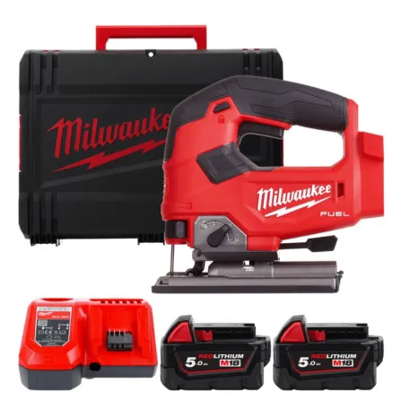 Лобзик аккумуляторный MILWAUKEE M18 FJS-502X, зарядное устройство M12-18 FC, 2 аккумулятора М18 В5 5.0 Ач, аксессуары, HD кейс (4933464727)