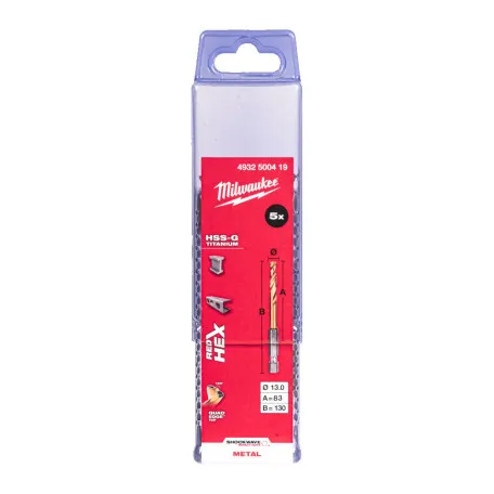 Свердло по металу RedHEX SHOCKWAVE HSS-TiN MILWAUKEE, 13,0х130х83 мм, 5 шт., пластикова коробка (4932500419)