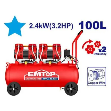 Компрессор EMTOP, 100 л (26.4 гал.), 2×1200 Вт (3.2 к.с.), Макс. 8 бар (EACPS32102)
