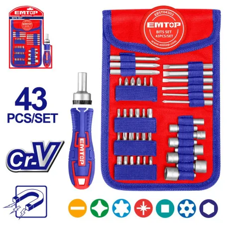 Отвёртка универсальная с насадками EMTOP, 43 шт (EBST04302)