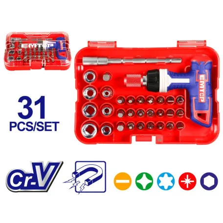 Отвертка универсальная EMTOP с насадками, 31 шт. (EBST03102)