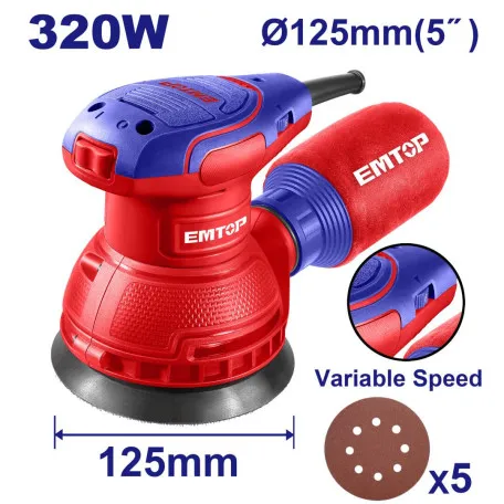 Шлифмашина эксцентриковая, EMTOP, 125 мм. 320 Вт. 13000 об/мин. (EFSR23206)