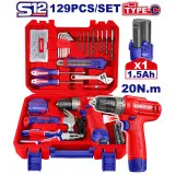 Дрель-шуруповёрт аккумуляторный EMTOP, 20 Н·м, набор 129 шт (EEDK12901)