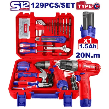 Дрель-шуруповёрт аккумуляторный EMTOP, 20 Н·м, набор 129 шт (EEDK12901)