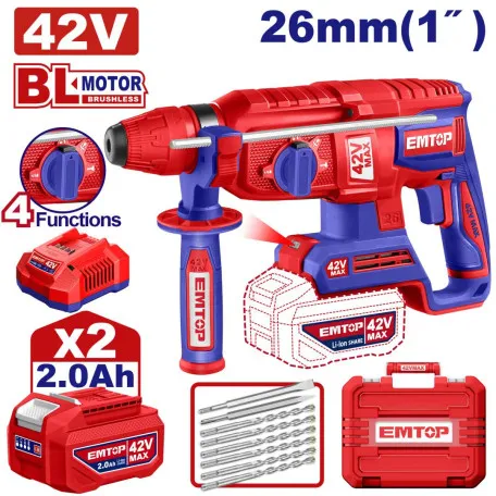 Перфоратор аккумуляторный EMTOP, 2,5 Дж, SDS plus, 42 В (ELRH422682)