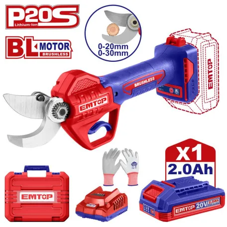 Секатор аккумуляторный, безщеточный EMTOP, 20/30 мм, 20V. (ELSL203051)