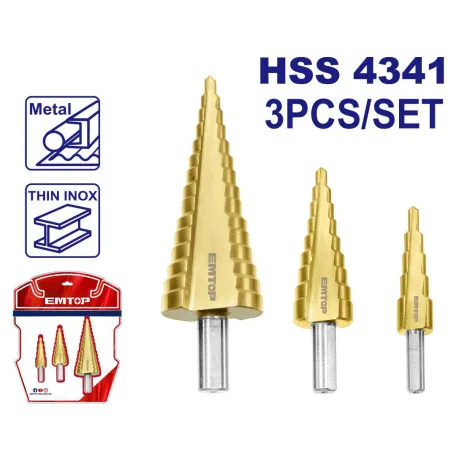Набор ступенчатых сверл EMTOP, 3 шт. (ESDL80401)