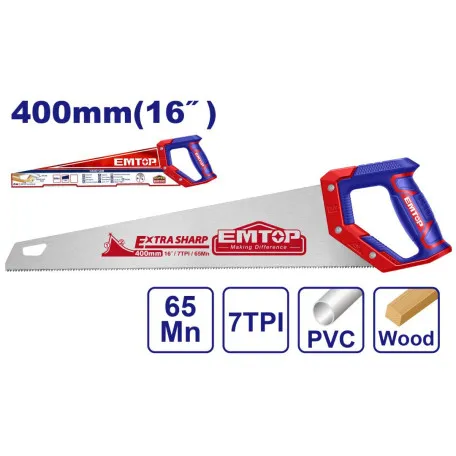 Ножовка по дереву EMTOP, 400 мм/16 дюймов, 0,9 мм, 7TPI (EHAS4002)