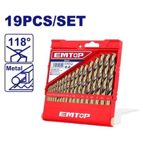 Набор свёрл по металлу EMTOP, 1–10 мм, 19 шт (ETDBB11196)