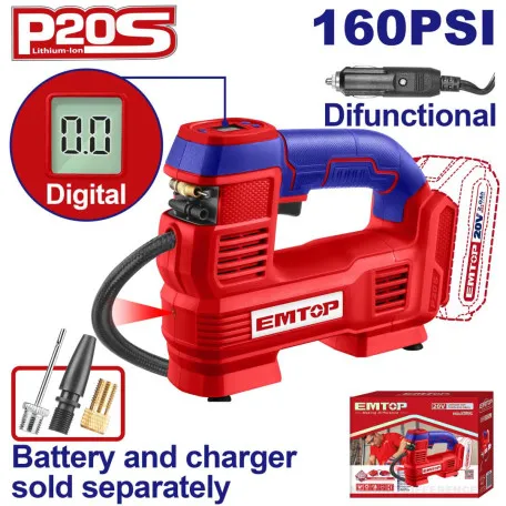 Компрессор автомобильный аккумуляторный EMTOP, 11 бар, 20V, 35л/мин. (без АКБ и ЗУ) (ELAC2012)