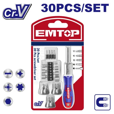 Отвёртка универсальная с насадками EMTOP, 30 шт (EBST03006)