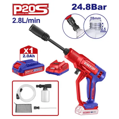 Минимойка аккумуляторная EMTOP, 24.8 бар, 2.8 л, 20V (ELPW20362)