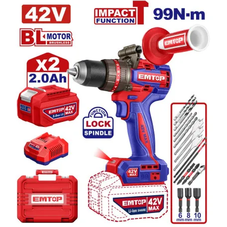 Дрель-шуруповерт, аккумуляторная, ударная, EMTOP, 166Нм, 20V (ECIDL429982)