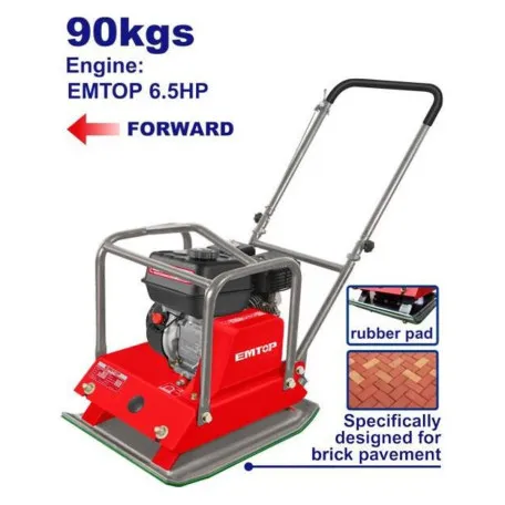 Виброплита бензиновая EMTOP, 4.8 кВт (6.5 к.с.), 15 кН, 30 см (EPCT659002R)