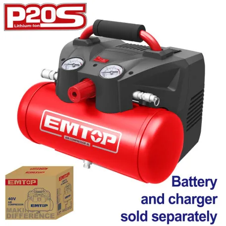 Компрессор аккумуляторный EMTOP, 6 л, 120 psi, 20 В, без АКБ и ЗУ (ELAR2001)