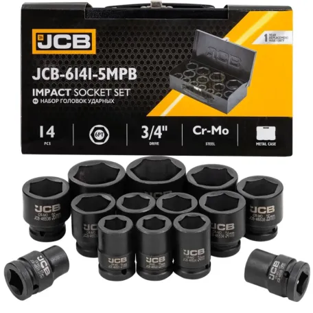 Набір головок ударних в металевому кейсі 14 од. 3/4'' (6-гр.) (17-50 мм) JCB Tools JCB-6141-5MPB (61734)