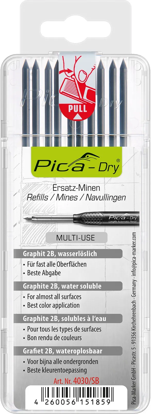 Сменные грифели Pica Dry, графит 2B, 10 шт., блистер (4030/SB)