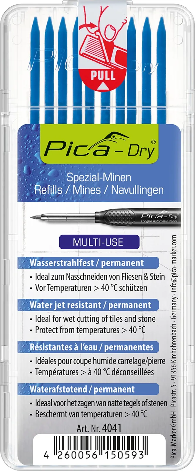 Водостойкие грифели Pica Dry Water Resistant, синие, 10 шт. (4041)