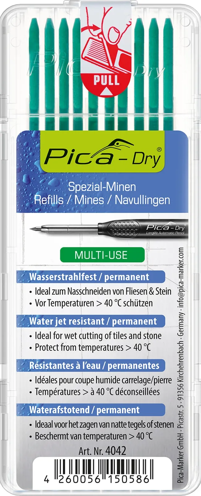 Водостойкие грифели Pica Dry Water Resistant, зелёные, 10 шт. (4042)