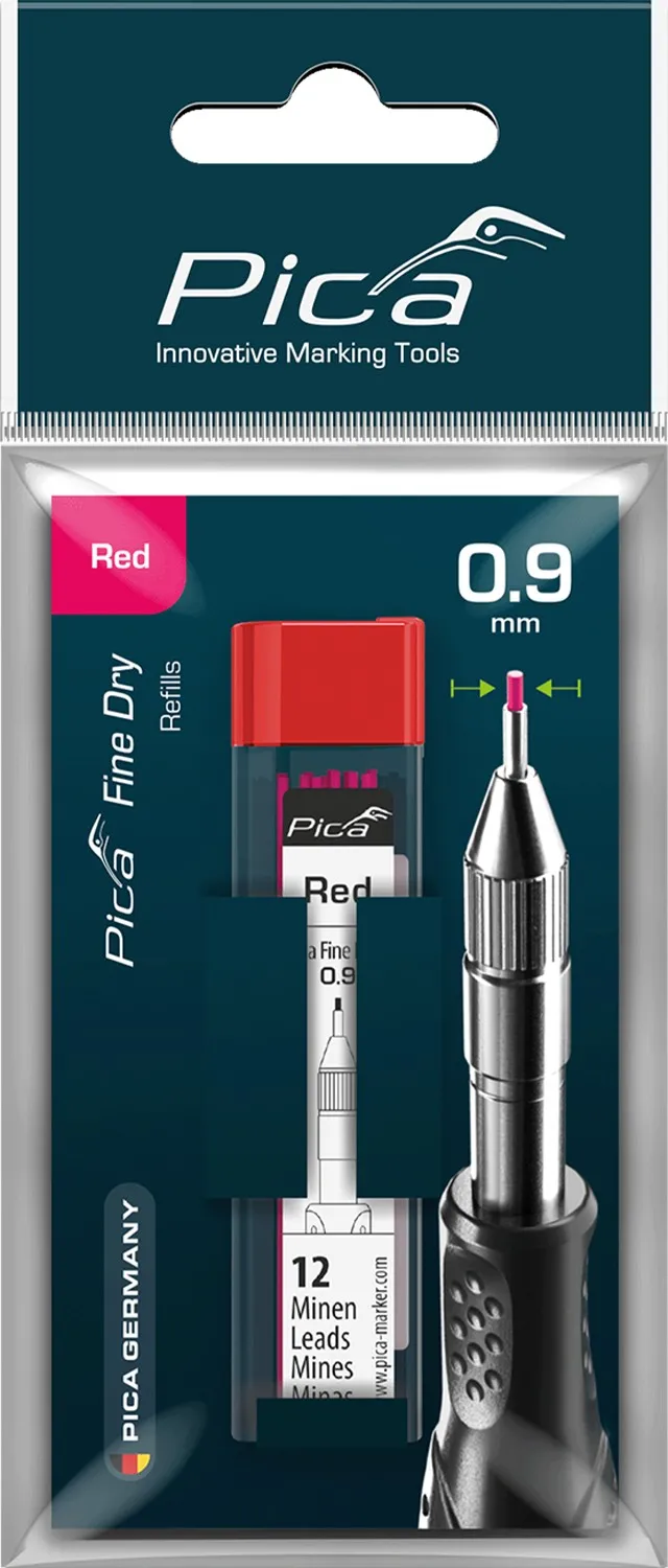 Сменные грифели Pica Fine Dry, красные, 0,9 мм, 12 шт., блистер (7031/SB)