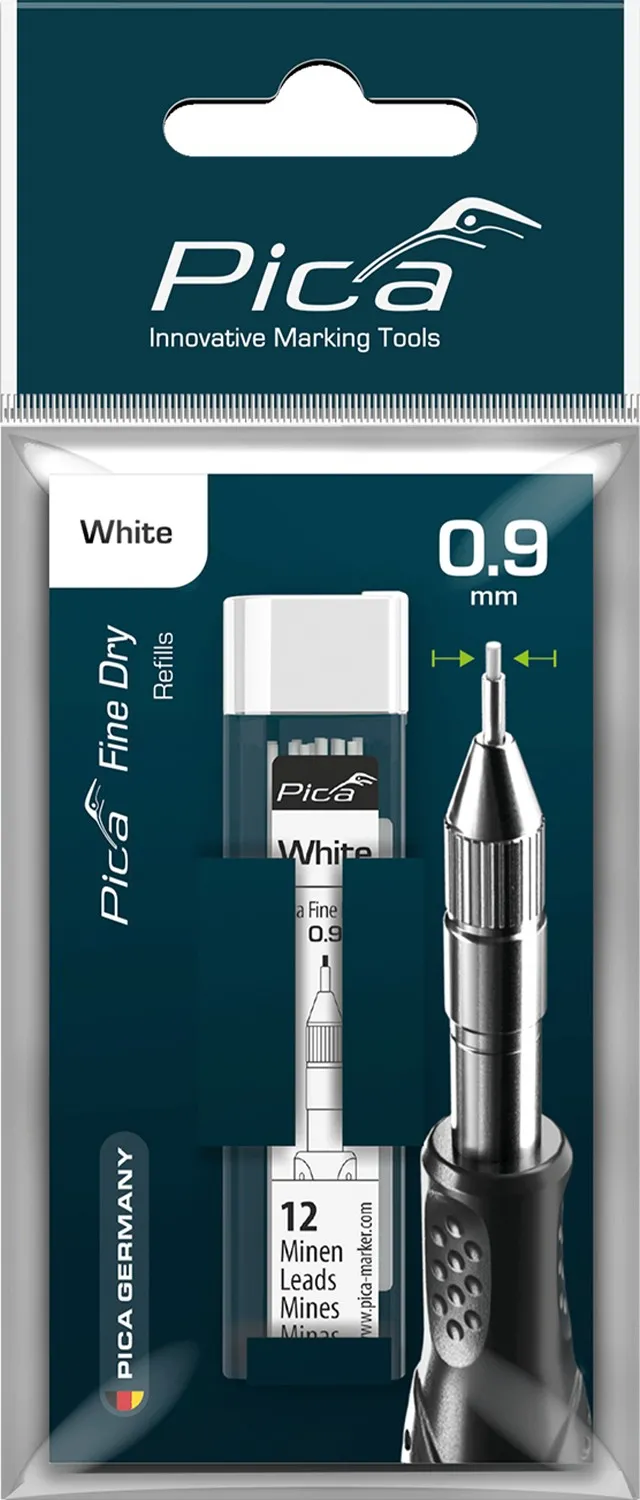 Сменные грифели Pica Fine Dry, белые, 0,9 мм, 12 шт., блистер (7032/SB)