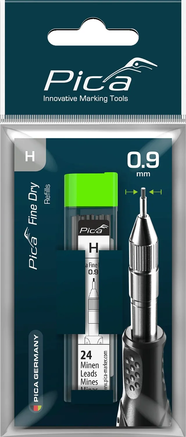 Сменные грифели Pica Fine Dry, H, 0,9 мм, 24 шт., блистер (7050/SB)